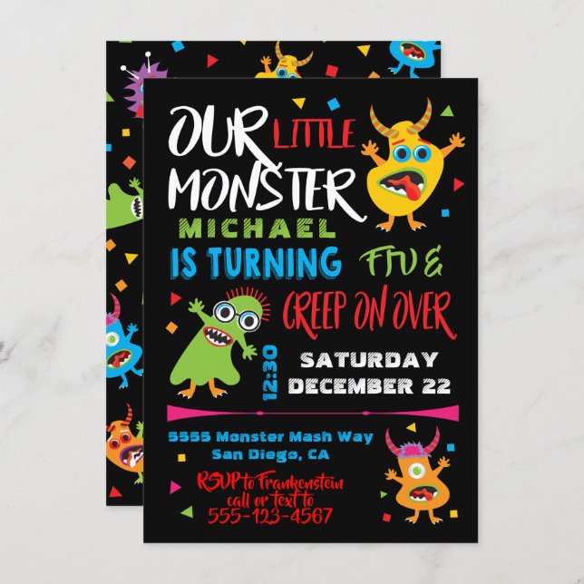 Cute Little Monster Birthday Party Invitation (Front/Back)