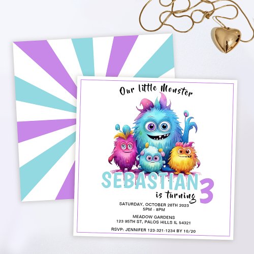 Cute little monster birthday party invitation