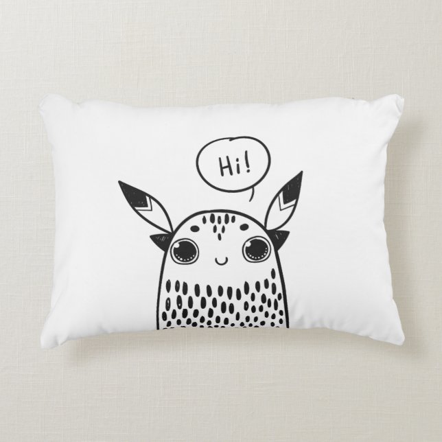 Cute Little Monster Black and White Illustrated Accent Pillow (Front)
