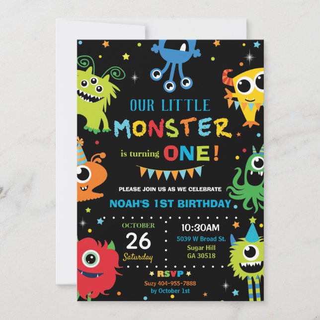 Cute Little Monster Boy 1st Birthday Vibrant Invitation (Front)