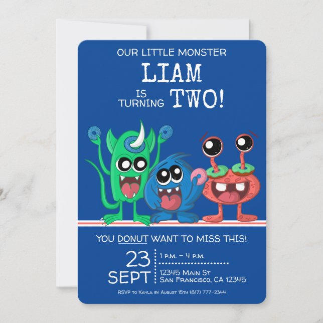 Cute Little Monster Boys Donut 2nd Birthday Invitation (Front)