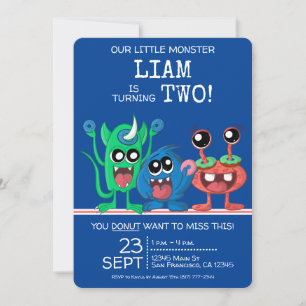 Cute Little Monster Boys Donut 2nd Birthday Invitation