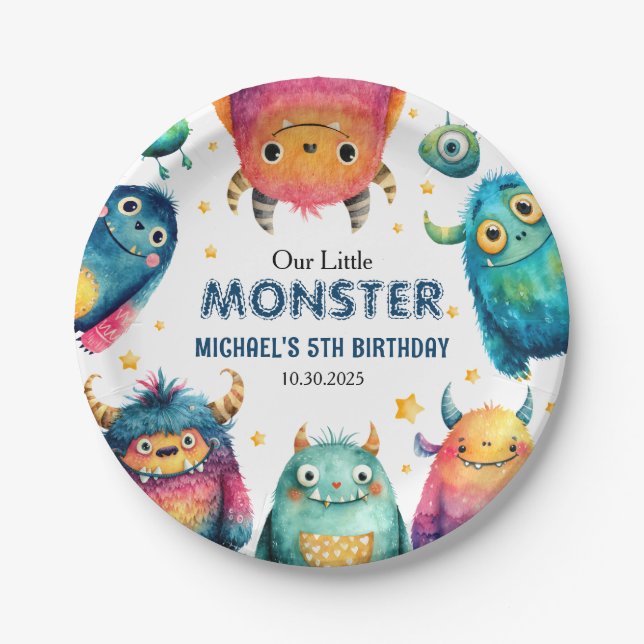 Cute Little Monster Cartoon Kids' Birthday Party  Paper Plates (Front)