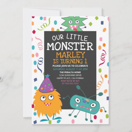 Cute Little Monster Confetti Kids Birthday Invitation