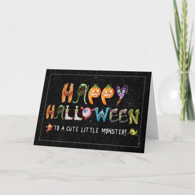 Cute Little Monster Funny Halloween Typography Holiday Card (Front)