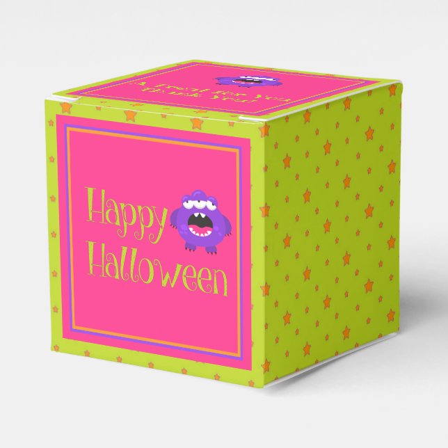 Cute Little Monster Green Pink Kids Halloween Favor Boxes (Front Side)