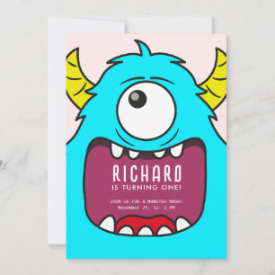 Cute Little Monster Mash Blue Themed Birthday Part Invitation
