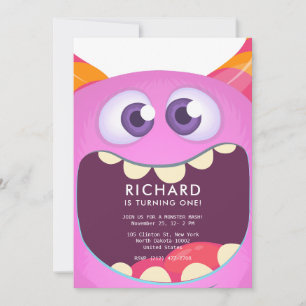 Cute Little Monster Pink Themed Birthday Party Invitation