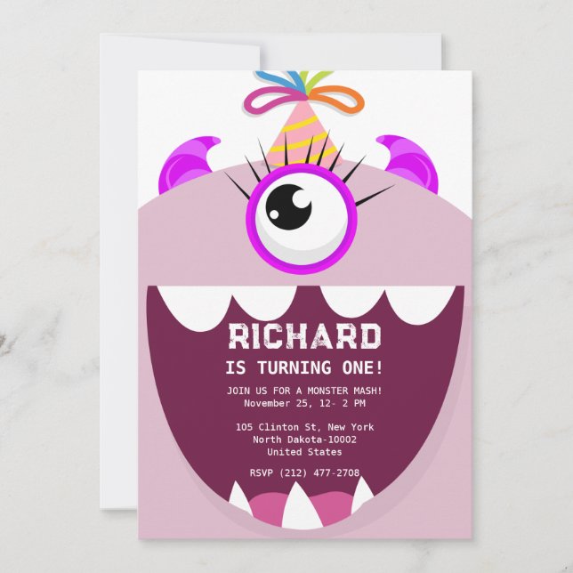 Cute Little Monster Pink Themed Birthday Party Invitation (Front)