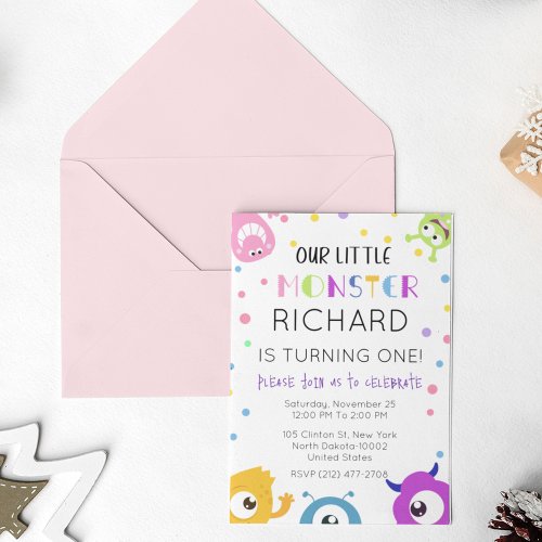 Cute Little Monster Polka Dots Themed Birthday Invitation