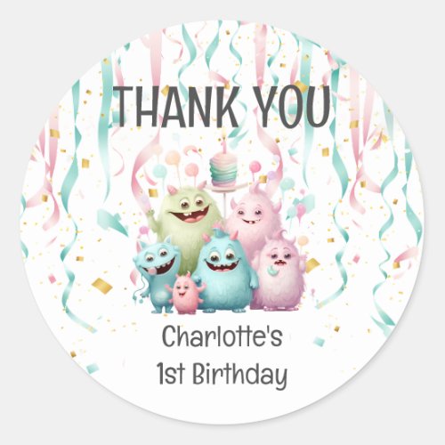 Cute Little Monsters 1st Birthday Thank You Classic Round Sticker