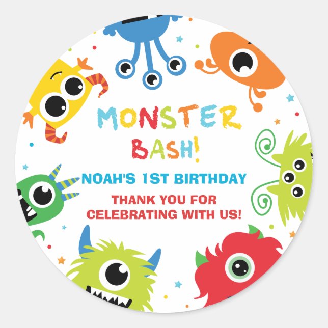 Cute Little Monsters 1st Birthday Thank You Favor Classic Round Sticker (Front)