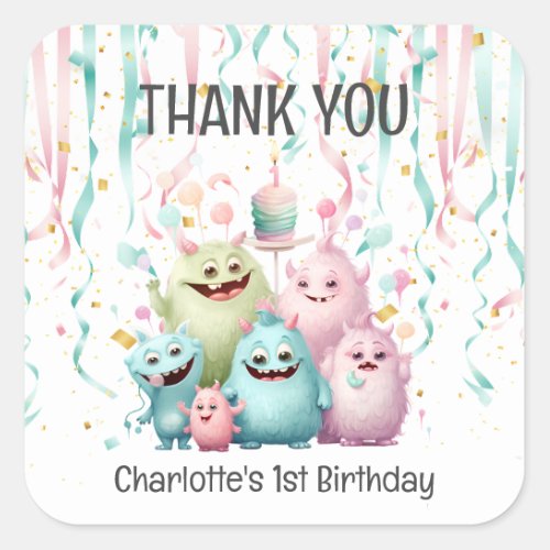 Cute Little Monsters 1st Birthday Thank You Square Sticker