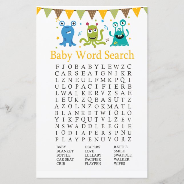 Cute Little Monsters Baby Shower Word Search Game (Front)