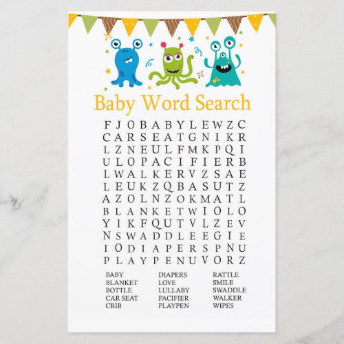 Cute Little Monsters Baby Shower Word Search Game