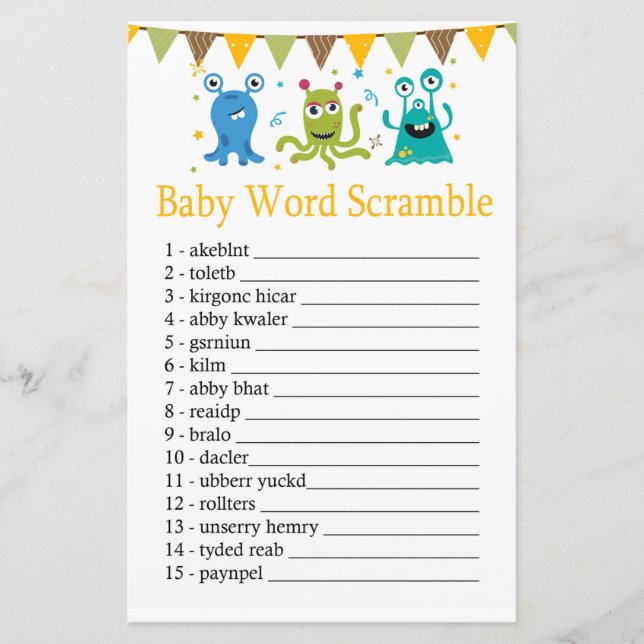 Cute Little Monsters Baby word scramble game (Front)