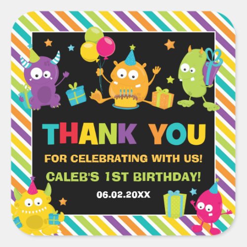 Cute Little Monsters Birthday Thank You Favor Square Sticker