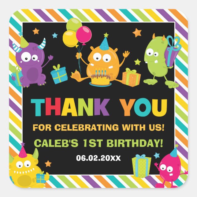 Cute Little Monsters Birthday Thank You Favor Square Sticker (Front)