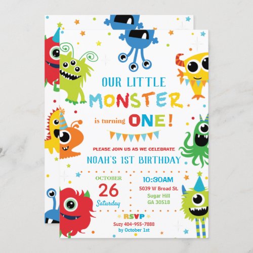 Cute Little Monsters Boy 1st Birthday Colorful Invitation