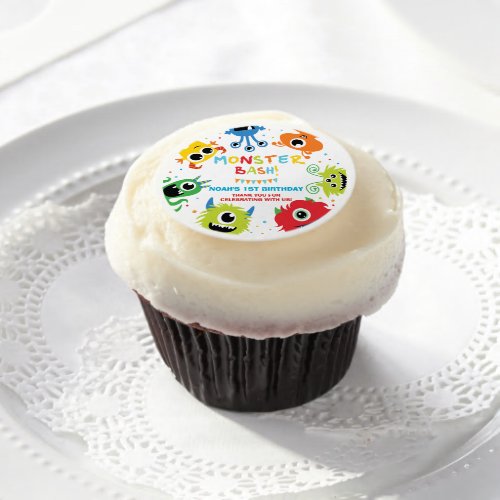 Cute Little Monsters Boy 1st Birthday Cupcake Edible Frosting Rounds