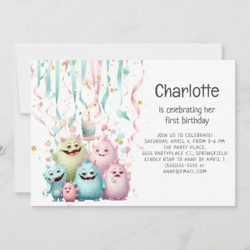 Cute Little Monsters Girl 1st Birthday Horizontal Invitation