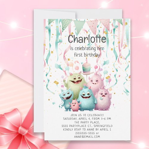 Cute Little Monsters Girls 1st Birthday Invitation