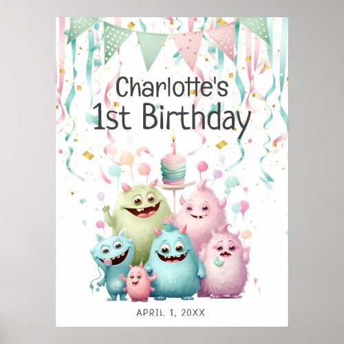 Cute Little Monsters Girls 1st Birthday  Poster