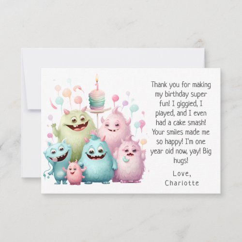 Cute Little Monsters Girls 1st Birthday  Thank You Card