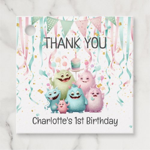Cute Little Monsters Girls 1st Birthday Thank You Favor Tags