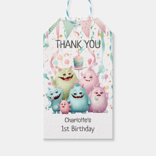 Cute Little Monsters Girls 1st Birthday Thank You Gift Tags