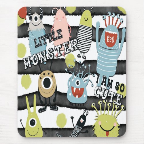 Cute Little Monsters Modern Chic Watercolor Stripe Mouse Pad