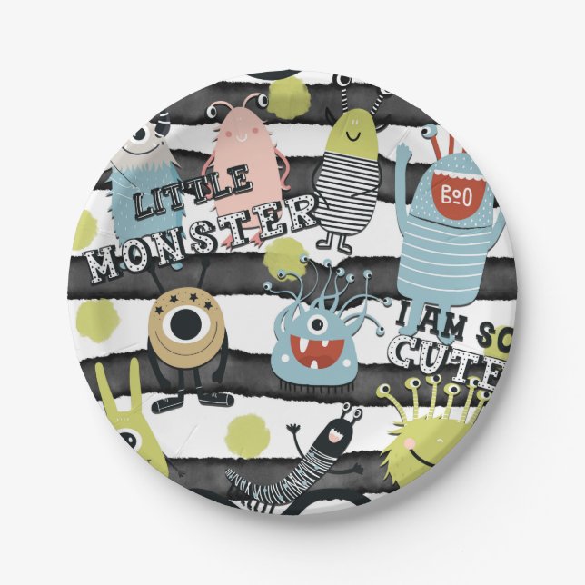 Cute Little Monsters Modern Chic Watercolor Stripe Paper Plates (Front)