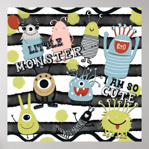 Cute Little Monsters Modern Chic Watercolor Stripe Poster