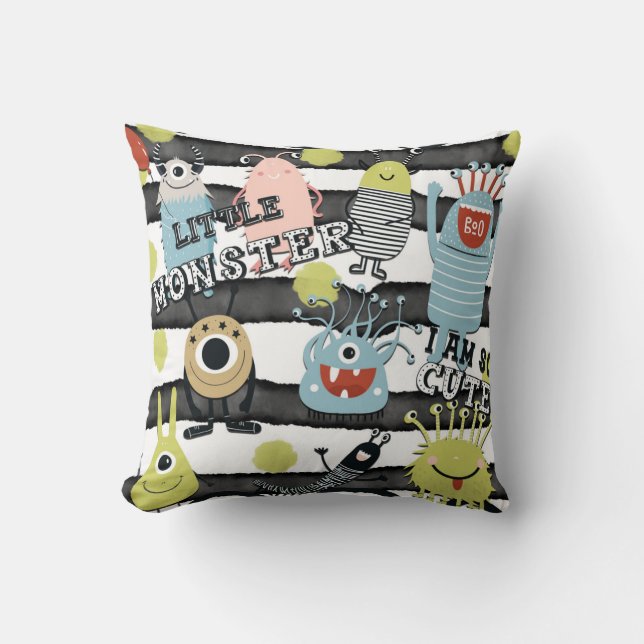 Cute Little Monsters Modern Chic Watercolor Stripe Throw Pillow (Front)