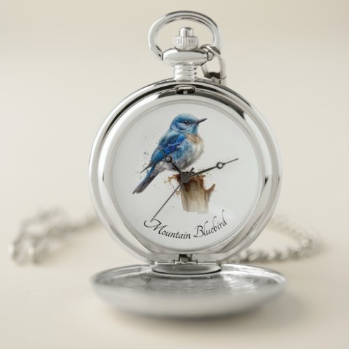 cute little mountain bluebird in watercolor pocket watch