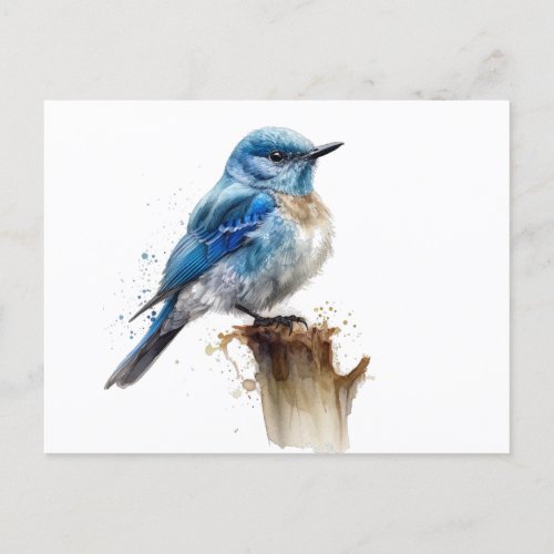cute little mountain bluebird in watercolor postcard