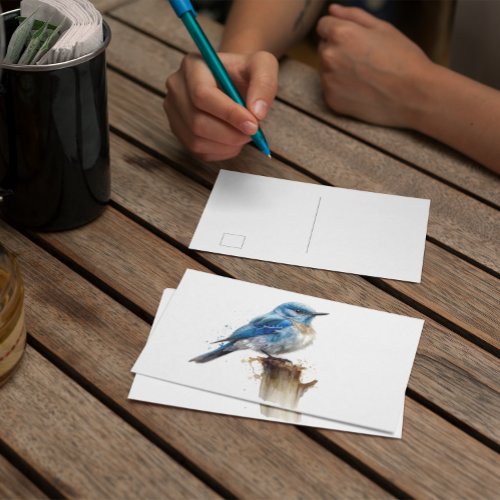 cute little mountain bluebird in watercolor postcard