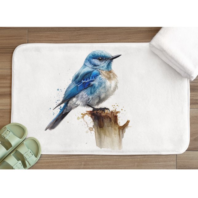 Cute Little Mountain Bluebird Watercolor Bath Mat (Creator Uploaded)