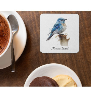 Cute Little Mountain Bluebird Watercolor, custom Glass Coaster