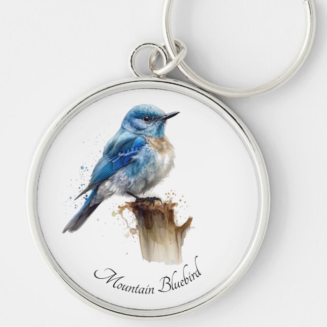Cute Little Mountain Bluebird Watercolor, custom Keychain (Front)