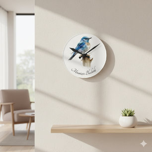 Cute Little Mountain Bluebird Watercolor, custom Round Clock