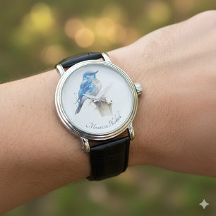 Cute Little Mountain Bluebird Watercolor, custom Watch