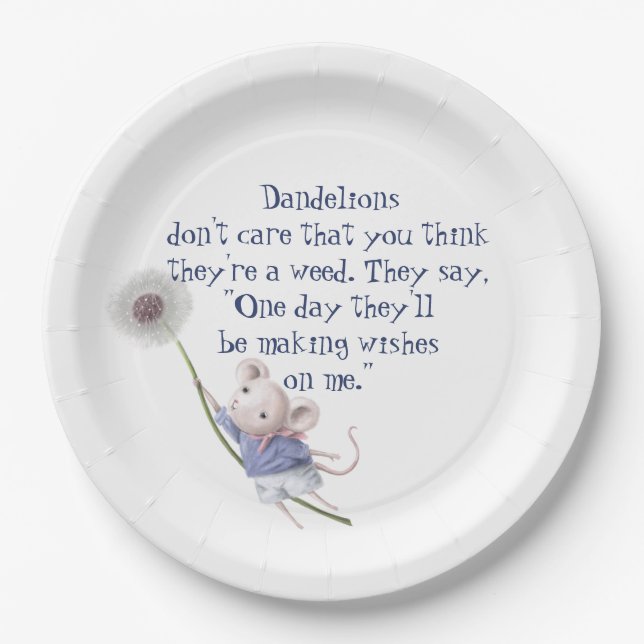 Cute Little Mouse Dandelion Inspirational Quote Paper Plates (Front)