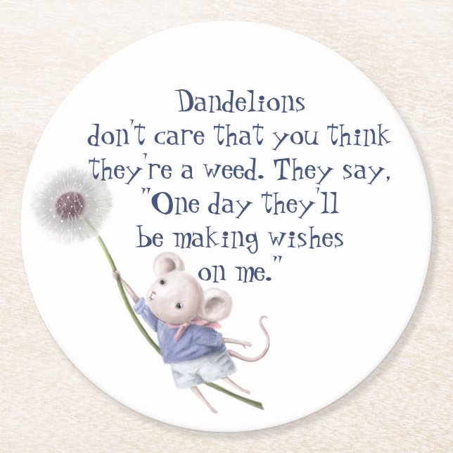 Cute Little Mouse Dandelion Inspirational Quote Round Paper Coaster (Front)
