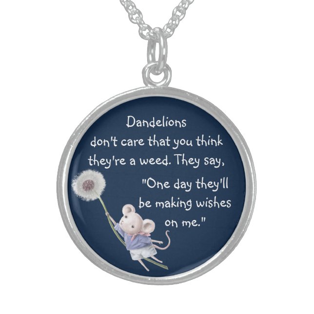 Cute Little Mouse Dandelion Inspirational Quote Sterling Silver Necklace (Front)