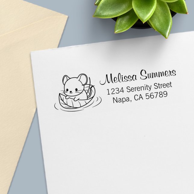Cute Little Mouse Floating on a Leaf Address Self-inking Stamp (Creator Uploaded)