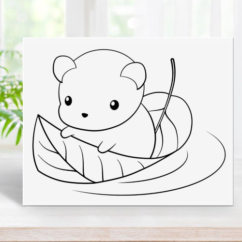 Cute Little Mouse Floating on a Leaf Coloring Page Rubber Stamp