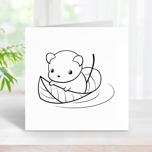 Cute Little Mouse Floating on a Leaf Rubber Stamp