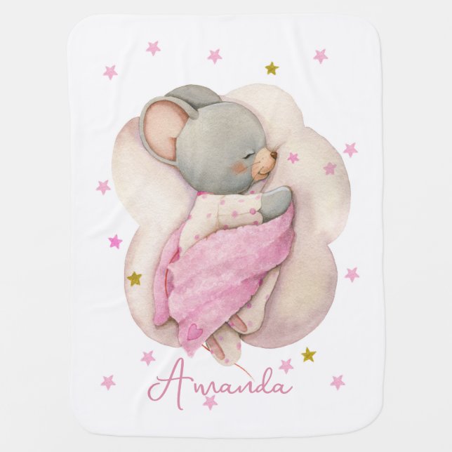 Cute little mouse girl sleeping on a cloud baby blanket (Front)