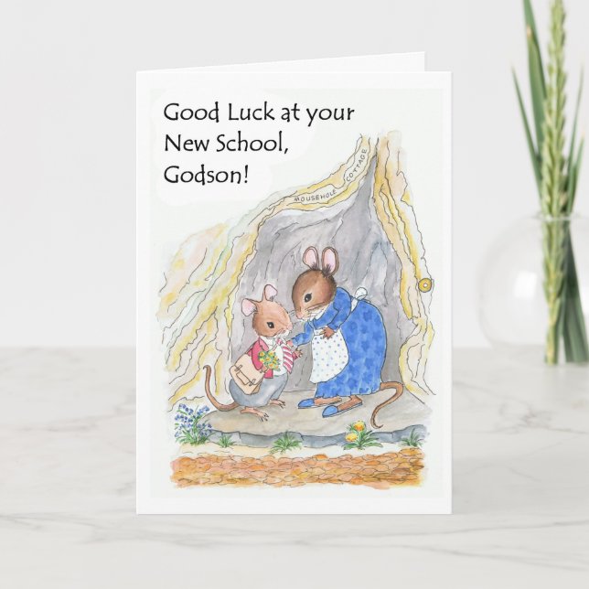 Cute Little Mouse Good Luck New School Godson Card (Front)